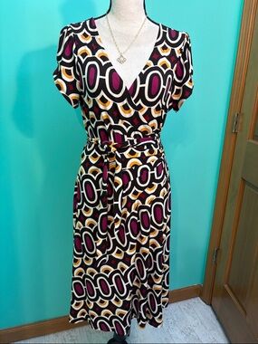 Bisou Bisou Geometric Wrap Midi Dress in Black, Cream & Plum